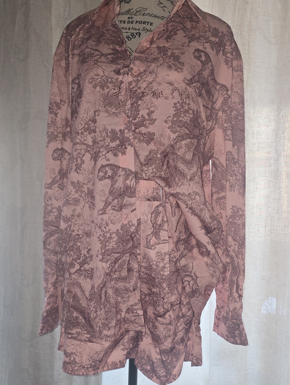 Pink Toile-Print Long-Sleeve Shorts Set